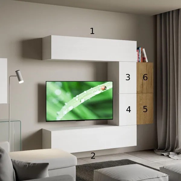 Parete soggiorno Isoka A23 L.214 H.200 P.39,5 Bianco e Quercia