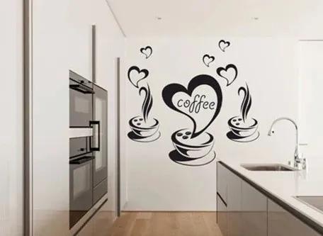 Adesivo da parete per cucina con motivo di caffè e cuori 60 x 120 cm