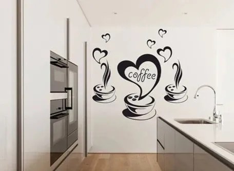 Adesivo da parete per cucina con motivo di caffè e cuori 60 x 120 cm