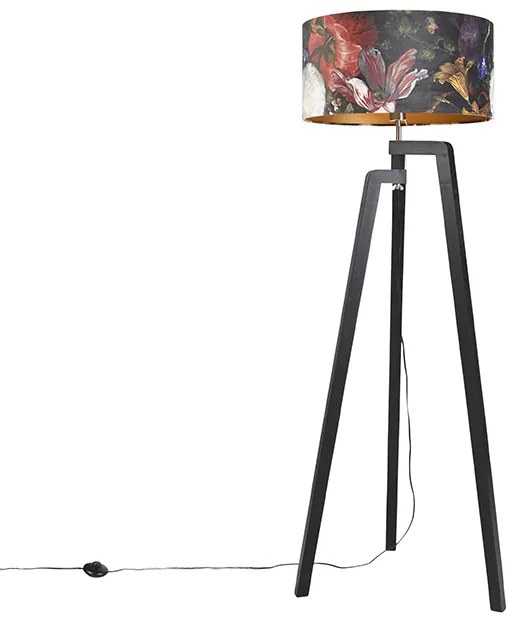 Lampada da terra a treppiede nera con paralume a motivo floreale 50 cm - Puros