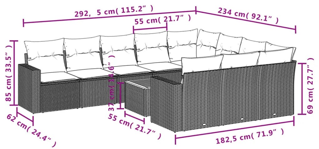 Set Divani da Giardino 11 pz con Cuscini in Polyrattan Nero