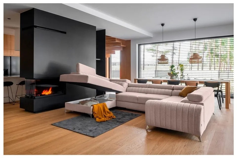 Divano angolare rosa allungabile/con contenitore (con penisola a sinistra/a U) Louis – ELTAP