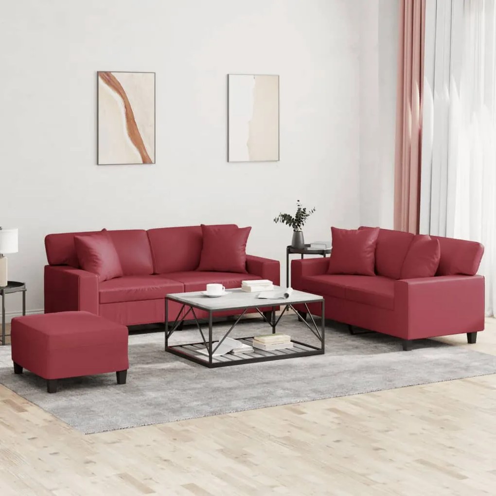 Set Di Divani 3 Pz Con Cuscini Rosso Vino İn Similpelle /