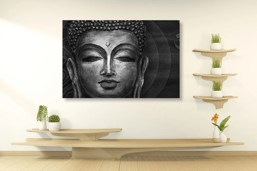 Quadro su tela – Viso del Buddha in bianco e nero