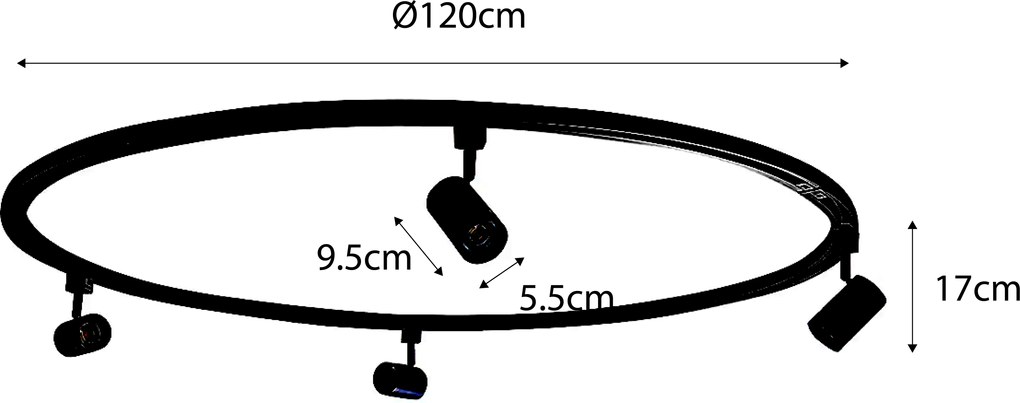 Sistema di illuminazione a binario moderno con 4 faretti neri monofase rotondi - Iconic Jeana