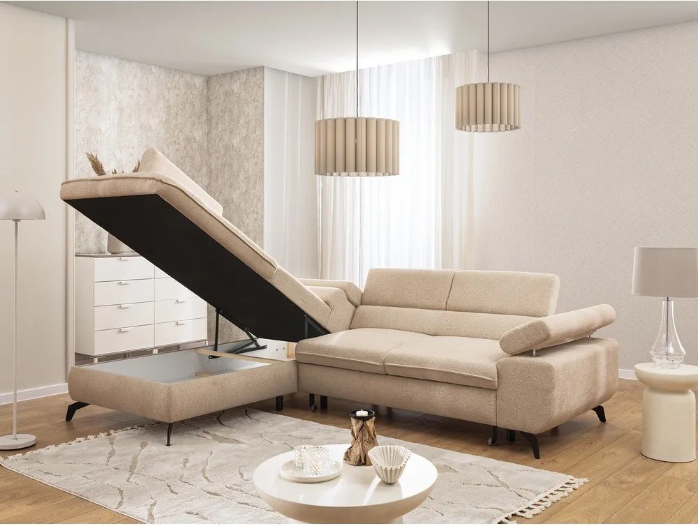 Divano angolare beige (con penisola a sinistra/a L) con rivestimento in ciniglia Marbeya – Ropez