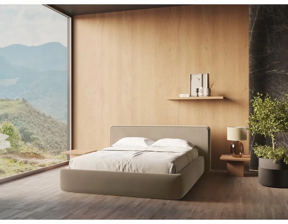 Letto matrimoniale imbottito marrone chiaro con contenitore con griglia 160x200 cm Kiana - Makamii