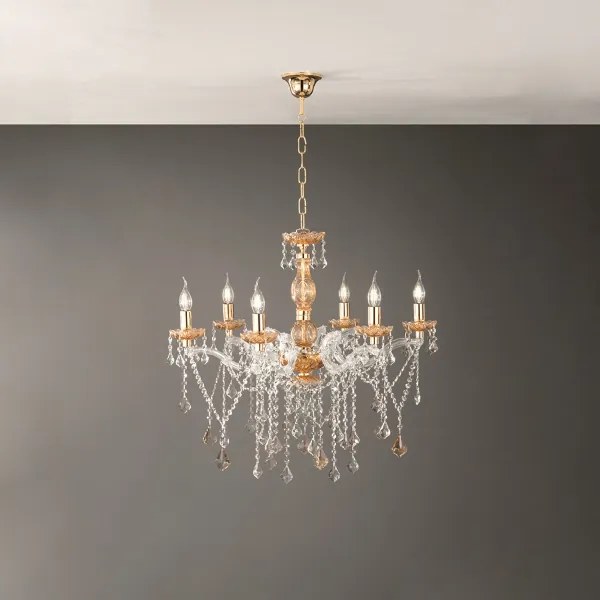 Lampadario a sospensione DAMASCO D75 cm con decorazioni in cristallo Ambra 6 Luci