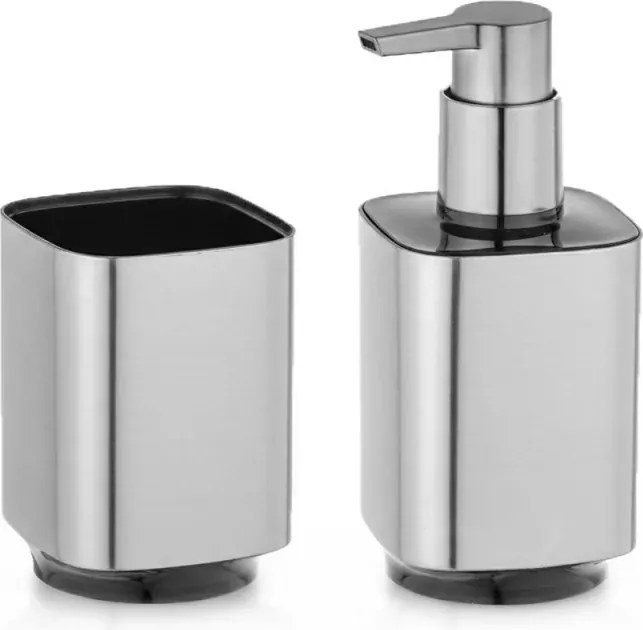 Set accessori bagno con dispenser e porta spazzolino color argento satinato e nero Lumina
