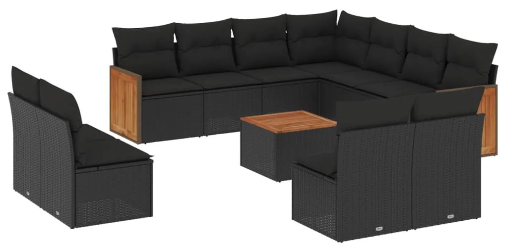 Set Divani da Giardino 12 pz con Cuscini Nero in Polyrattan