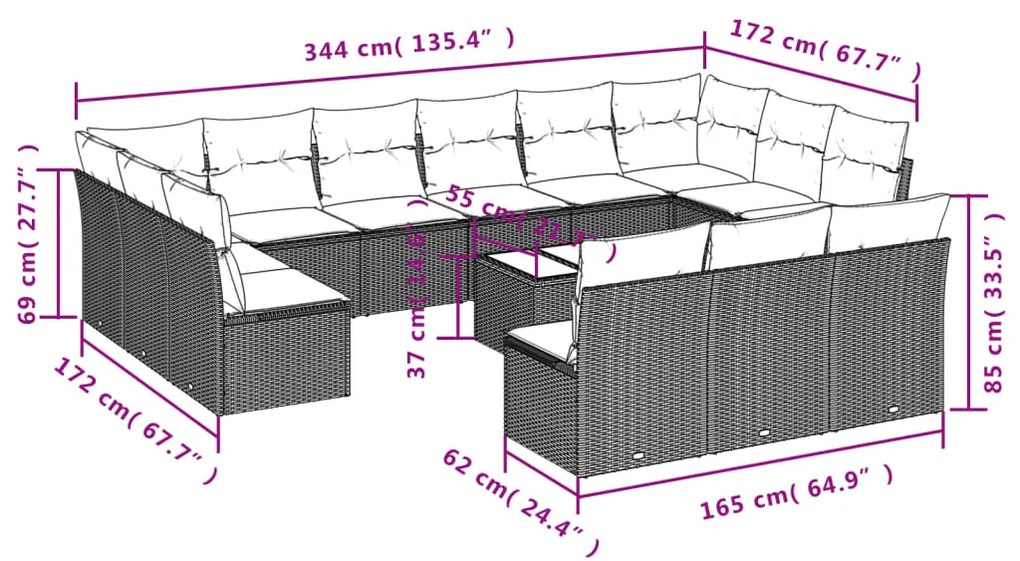 Set divani da giardino 14pz con cuscini in polyrattan beige