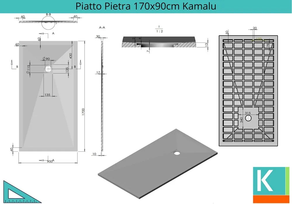 Piatto doccia 90x170cm pietra colore bianco - KAMALU