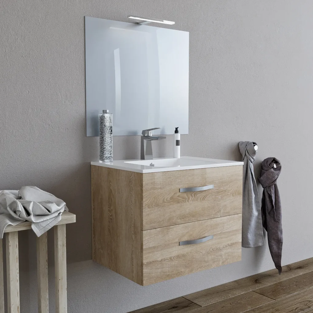 Mobile bagno LINDA60 Rovere chiaro con lavabo e specchio - 8260 - CON LUCE  LED