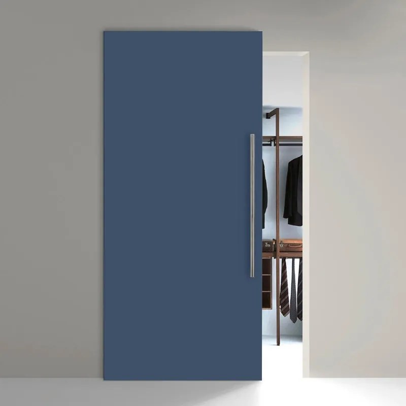 Porta scorrevole reversibile Stoccolma con maniglione in legno blu, L 99 x H 221 cm, con binario invisibile