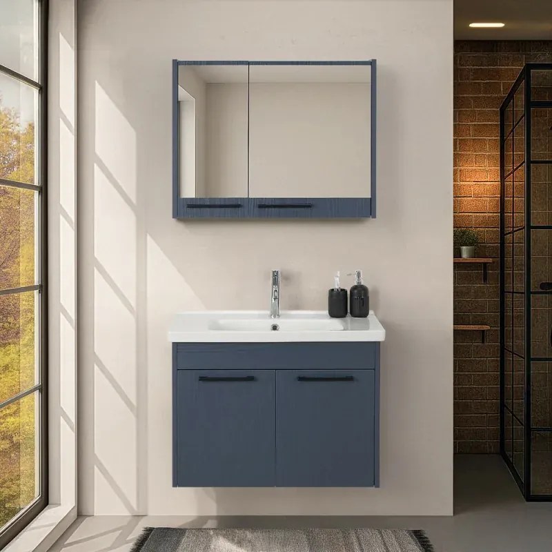 Mobile bagno sospeso 80 cm blu effetto legno con armadietto a specchio Sofia