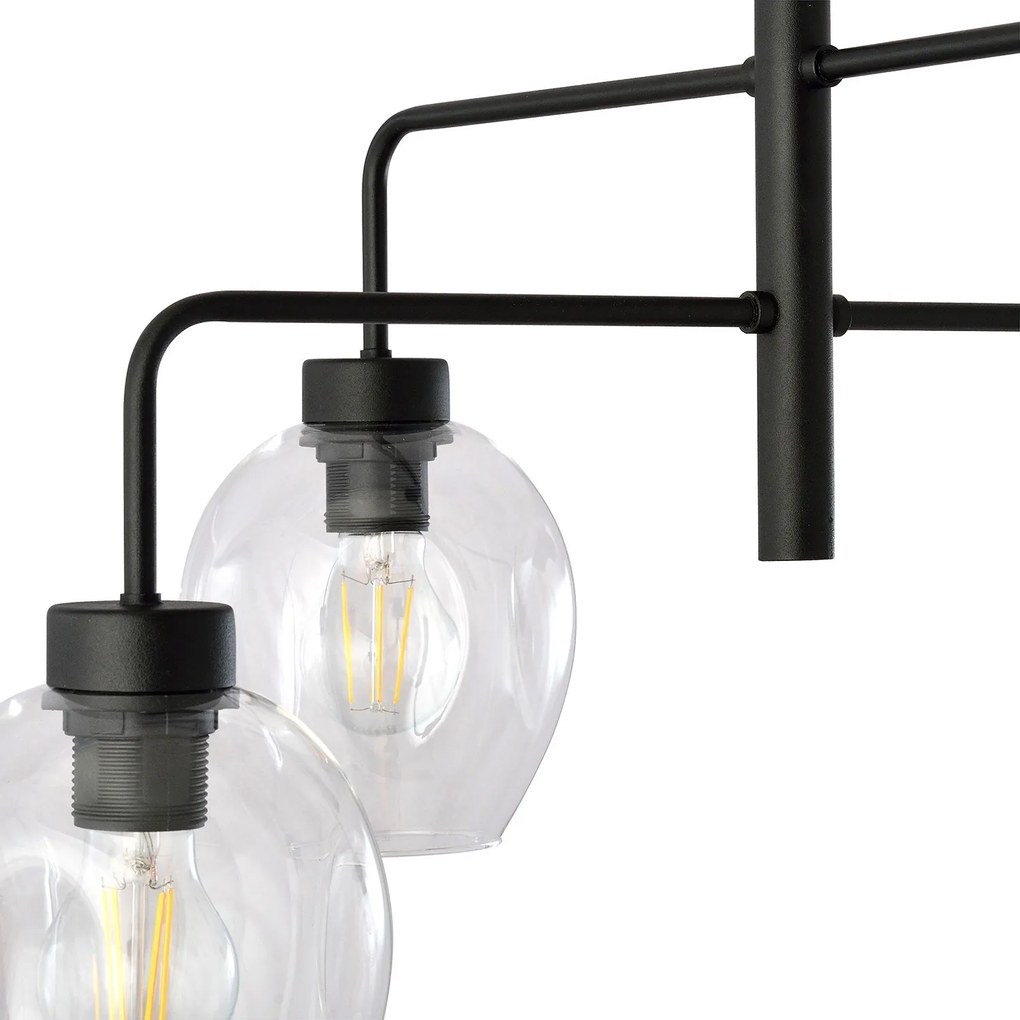 Lampadario Moderno 4 Luci Auriga In Accaio Nero E Vetro Trasparente