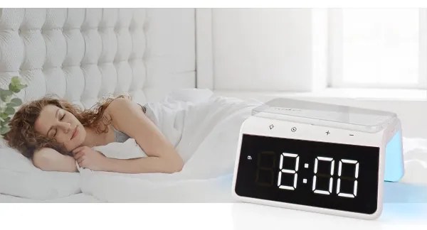 Nedis WCACQ30WT - Orologio a sveglia con display LCD e senza fili caricatore 15W/5V bianco