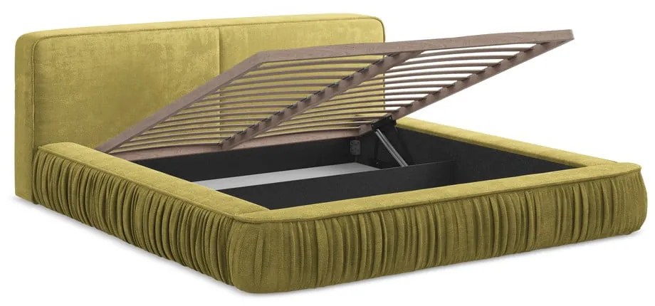 Letto matrimoniale imbottito giallo con contenitore e rete inclusi 140x200 cm Keoni – Makamii