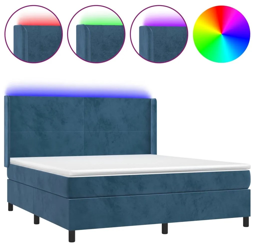 Letto a molle con materasso e led blu scuro 180x200 cm