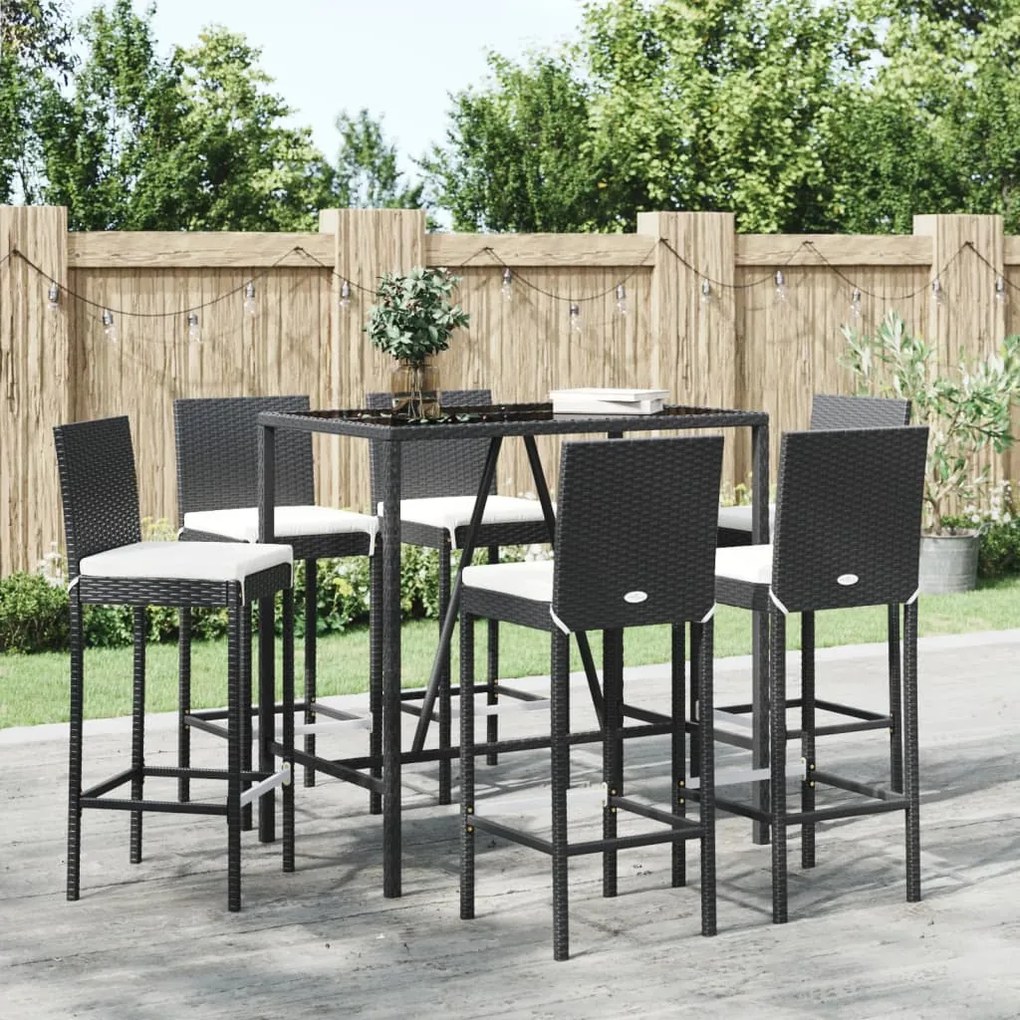 Set Bar da Giardino 7 pz con Cuscini in Polyrattan Nero