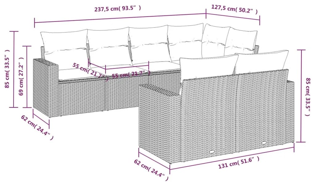 Set divani da giardino con cuscini 7pz nero polyrattan