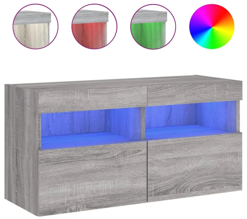 Mobile tv a parete con luci led grigio sonoma 80x30x40 cm