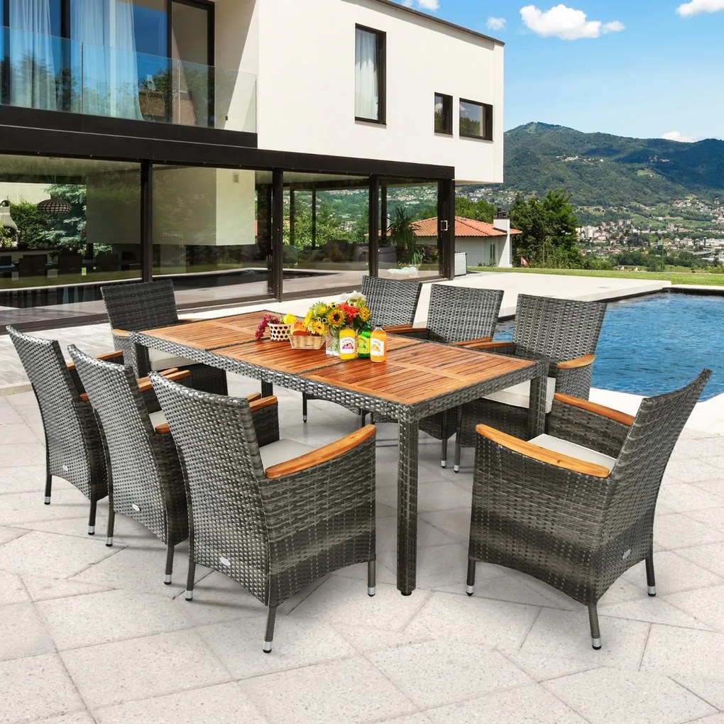 Costway Set di mobili da giardino in legno vimini con tavolo rettangolare 8 sedie con cuscini, Set da pranzo 9 pezzi Beige