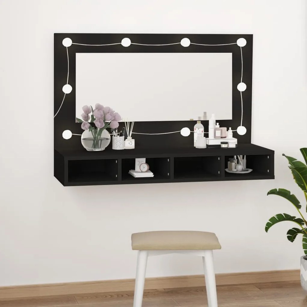 Mobile a specchio con led nero 90x31,5x62 cm