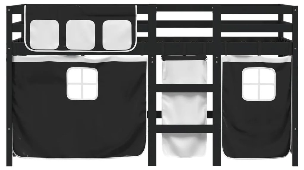 Letto a soppalco con tende bambini bianco e nero 90x200 cm pino