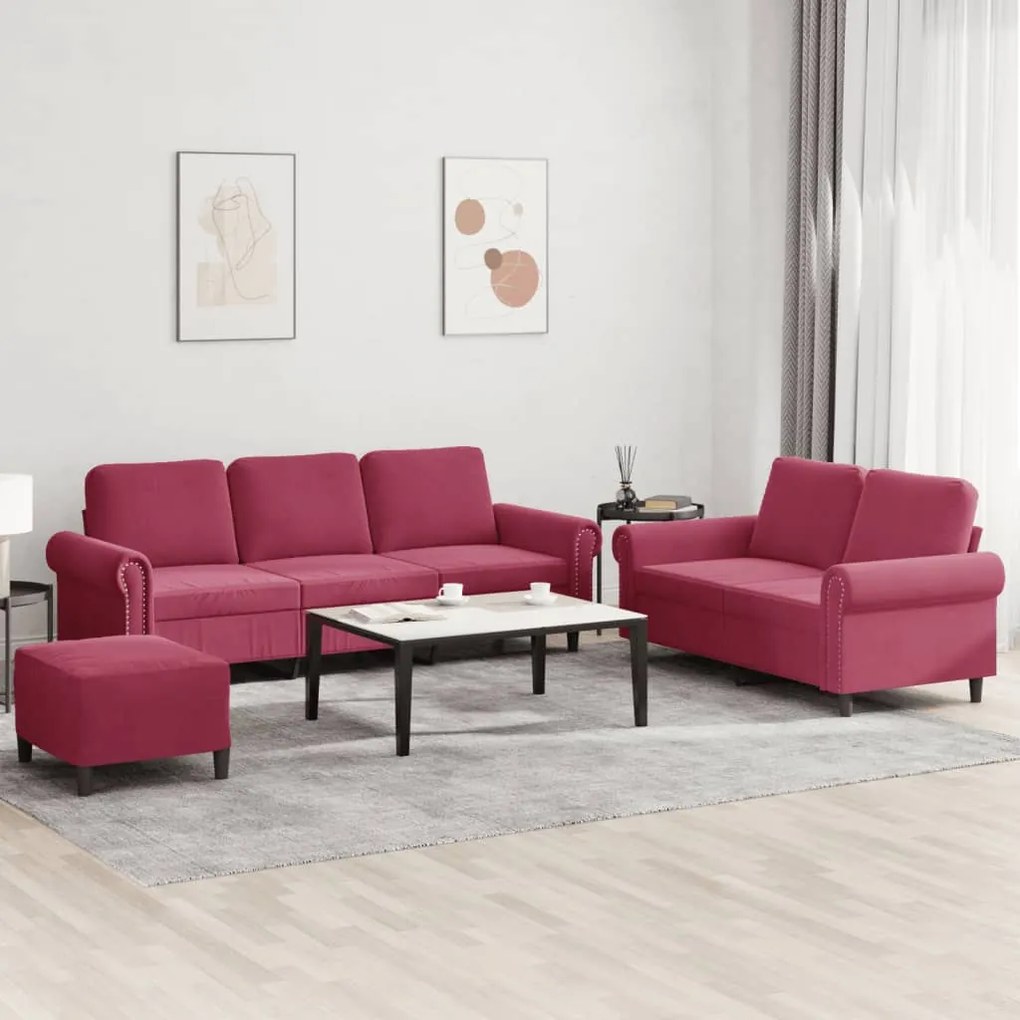 Set Di Divani 3 Pz Con Cuscini Rosso Vino İn Velluto /