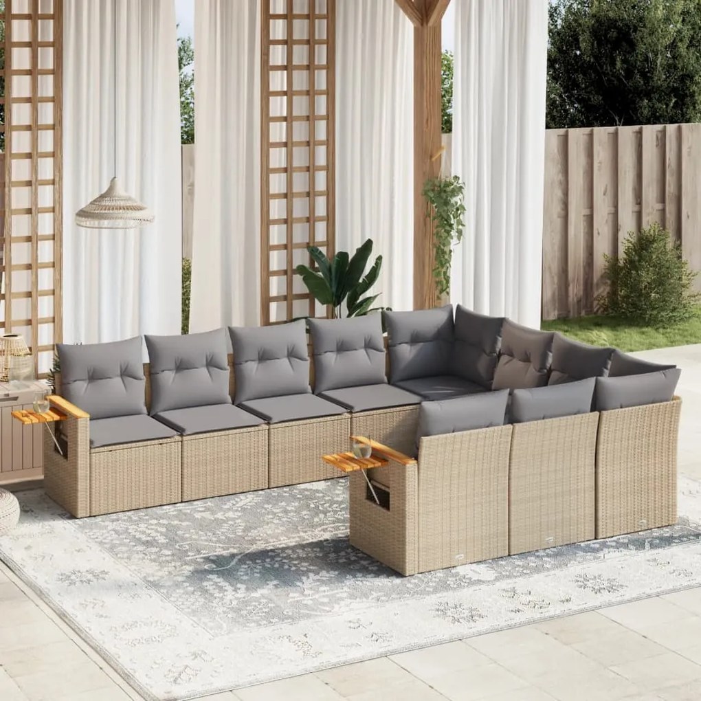 Set divano da giardino 10 pz con cuscini beige in polyrattan