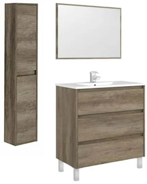 Mobile bagno 80 cm con lavabo, colonna e specchio rovere - Dakota 96249