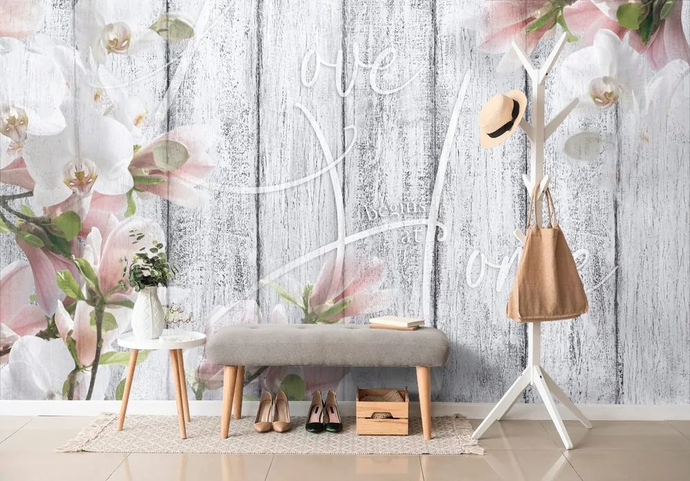 Carta da parati – Orchidea Vintage con Scritta - Love begins at home