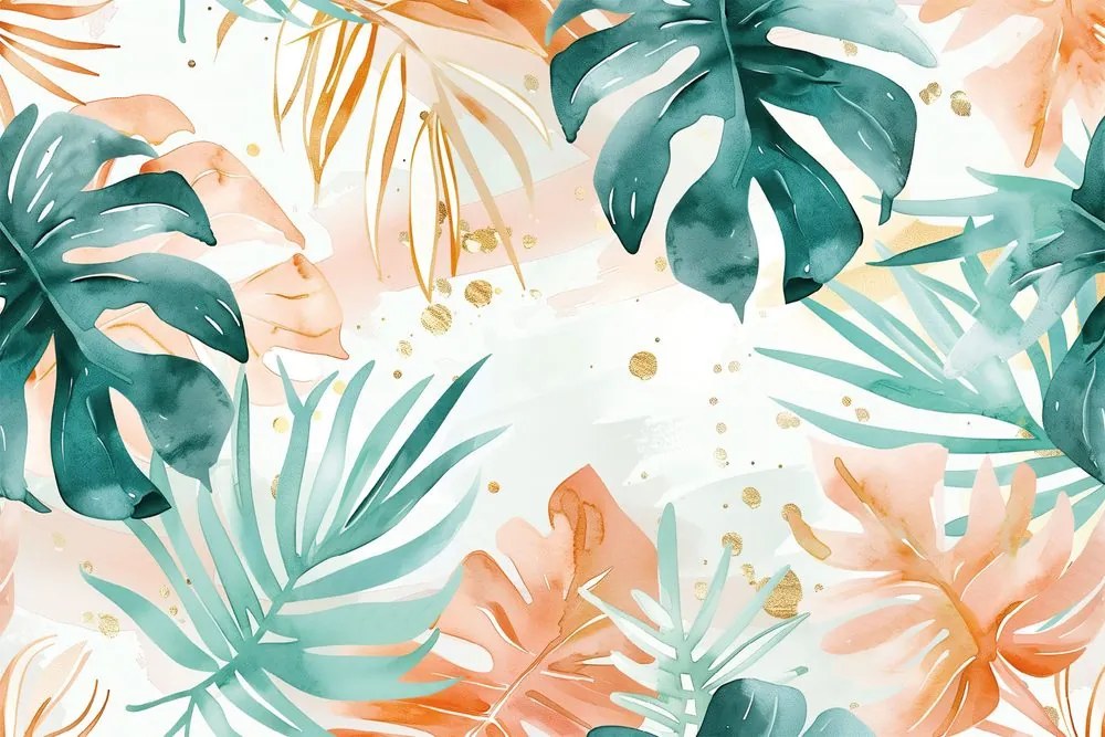 Carta da parati autoadesiva – Foglie tropicali verde-arancio
