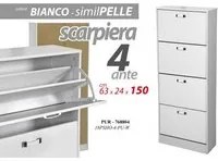 Scarpiera moderna bianca 4 ribalte ecopelle cm 63 x 24 x 150 h slim