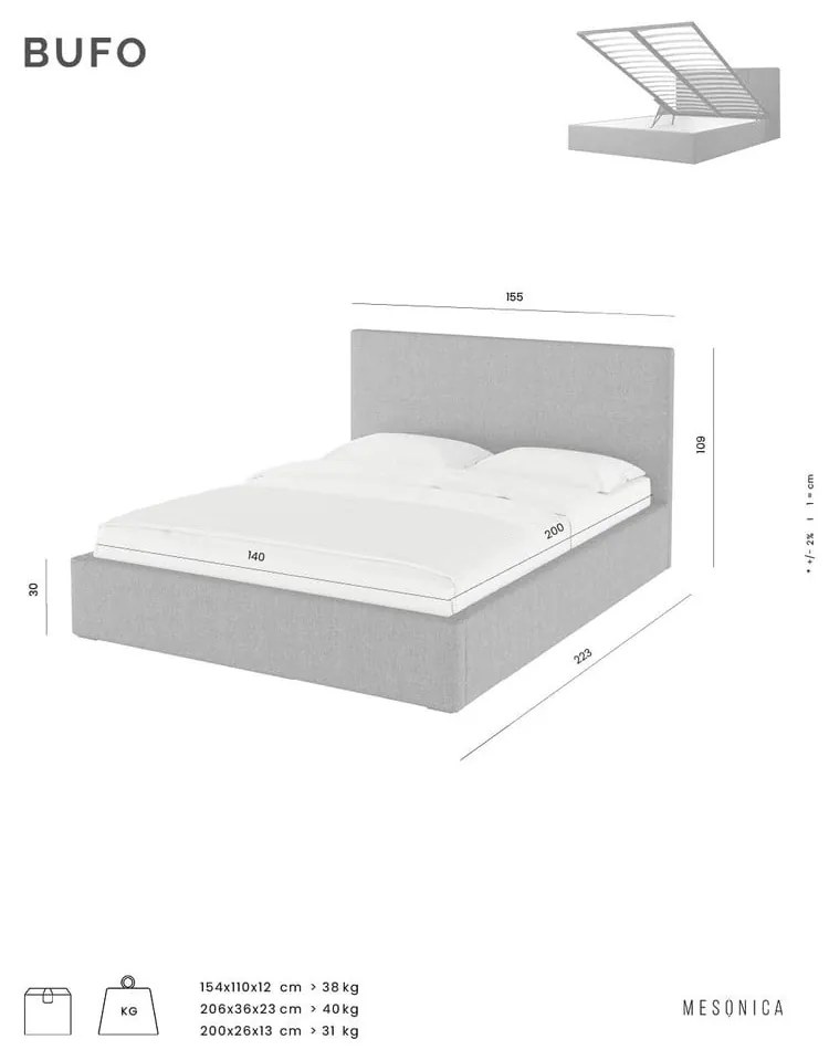 Letto matrimoniale imbottito beige con contenitore con griglia 160x200 cm Bufo Bed - MESONICA