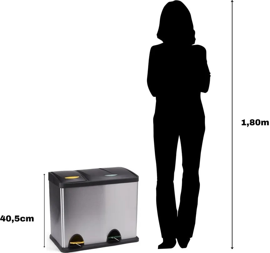 Cestino per la spazzatura color argento opaco in acciaio per raccolta differenziata/con pedale 18+8 l Tri Selectif – MSV