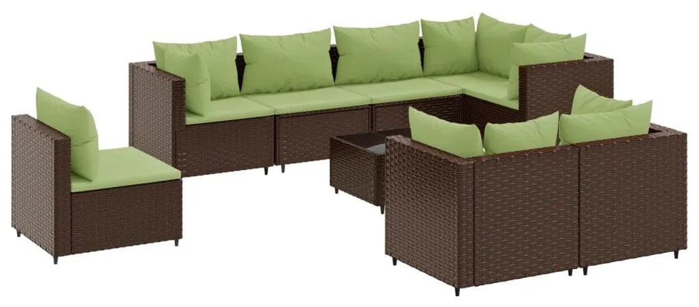 Set divani da giardino 9 pz con cuscini in polyrattan marrone