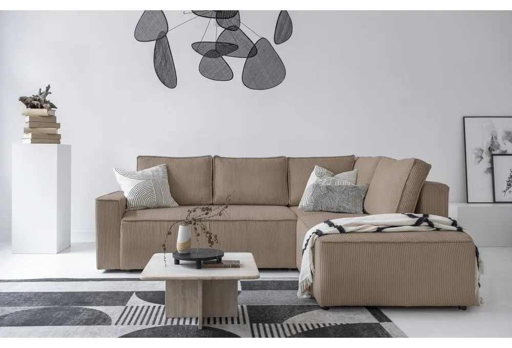 Divano letto angolare in velluto a coste beige Brave Dave - Miuform