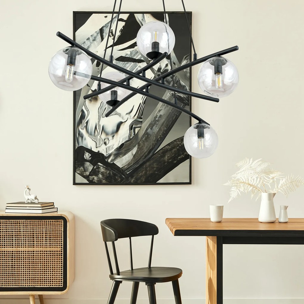 Lampadario Moderno Cadmo Acciaio Nero Trasarente 5 Luci E14 Ip20