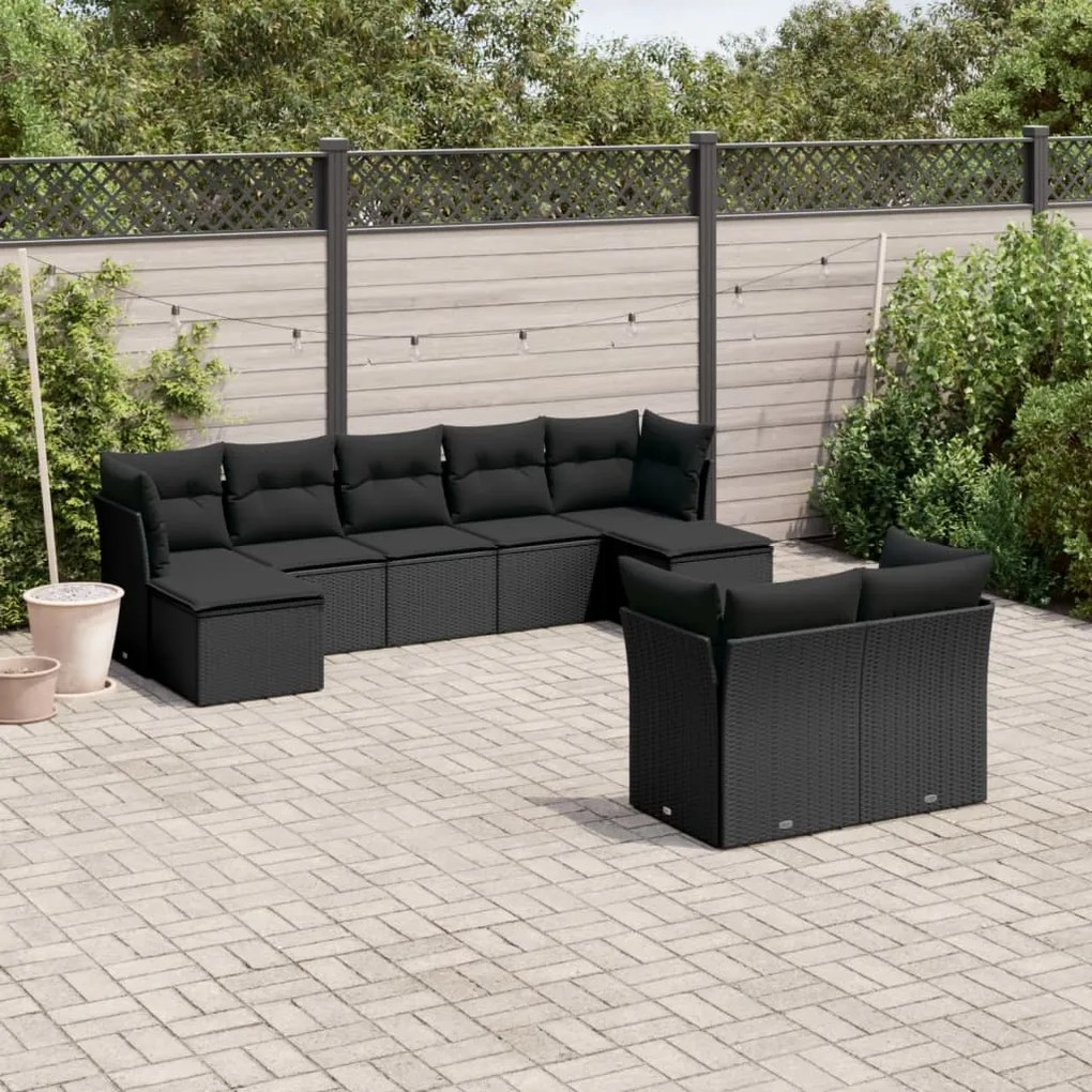 Set divani da giardino 9 pz con cuscini nero in polyrattan