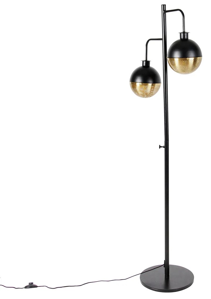 Lampada da terra industriale nera con ottone 2 luci - Haicha