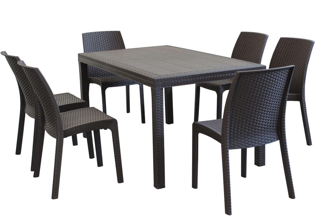 CALIGOLA - set tavolo in resina effetto rattan cm 150 x 90 x 74 h con 6 sedie Alma