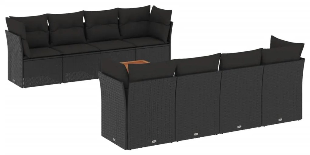 Set Divani da Giardino 9 pz con Cuscini Nero in Polyrattan