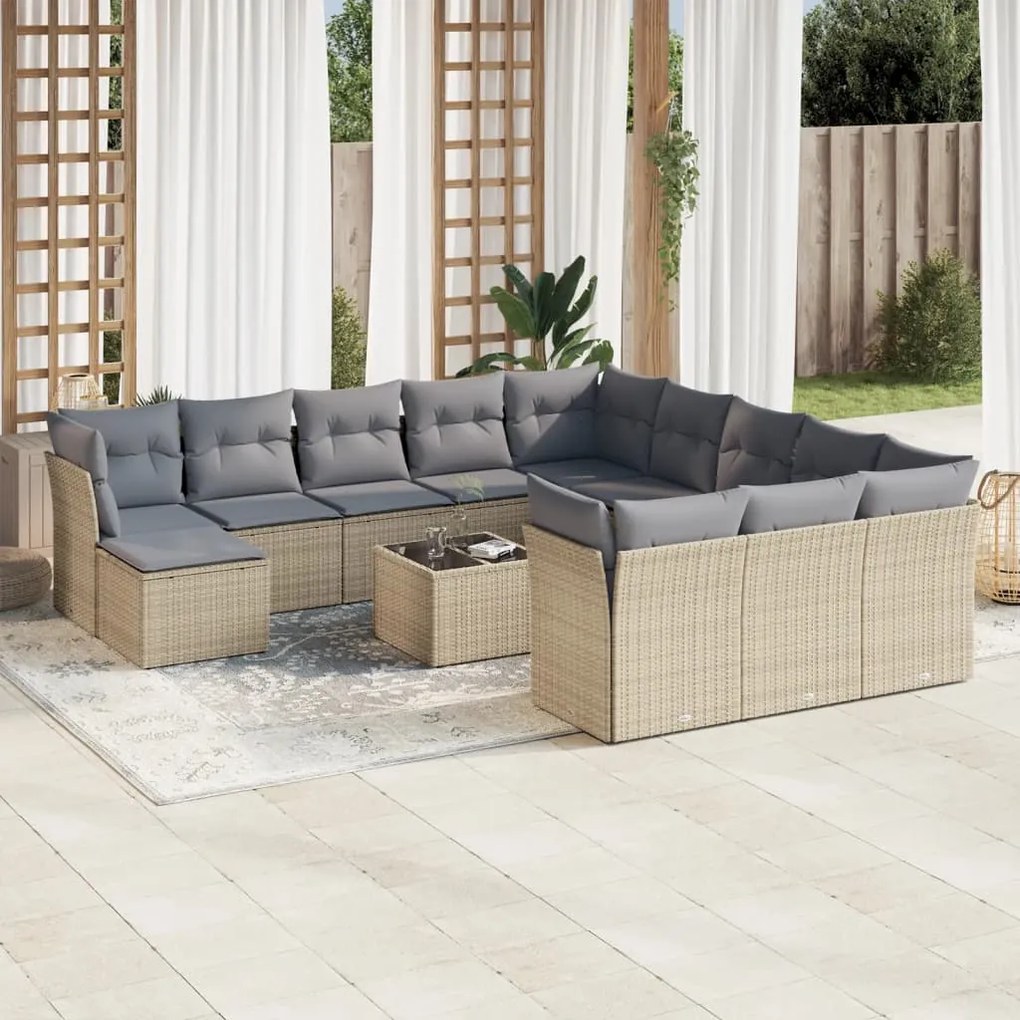 Set divano da giardino 13 pz con cuscini beige in polyrattan