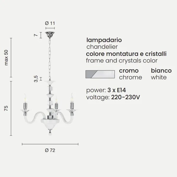 Lampada a sospensione GALA D72 cm in vetro lavorato a mano con dettagli in metallo 3 LUCI BIANCO