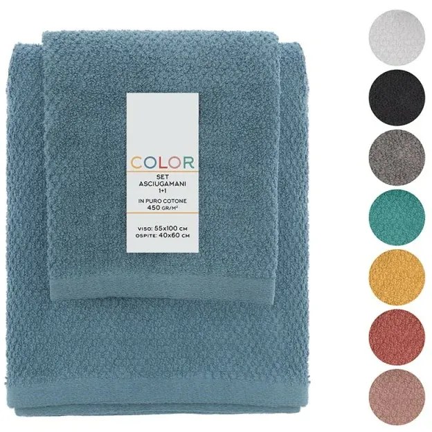 Set asciugamani bagno blu per viso e ospite in cotone puro Spring