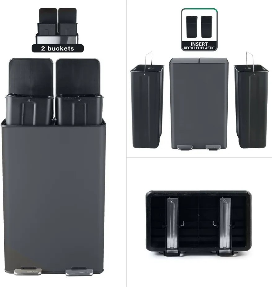 Cestino per la spazzatura grigio scuro in acciaio per raccolta differenziata/con pedale 2x30 l Aliya – Spirella