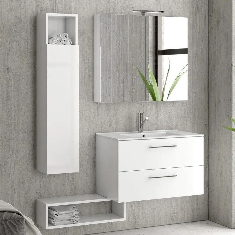 Composizione bagno sospesa 80cm: mobile, specchio contenitore colonna e pensile EL-80A - KAMALU