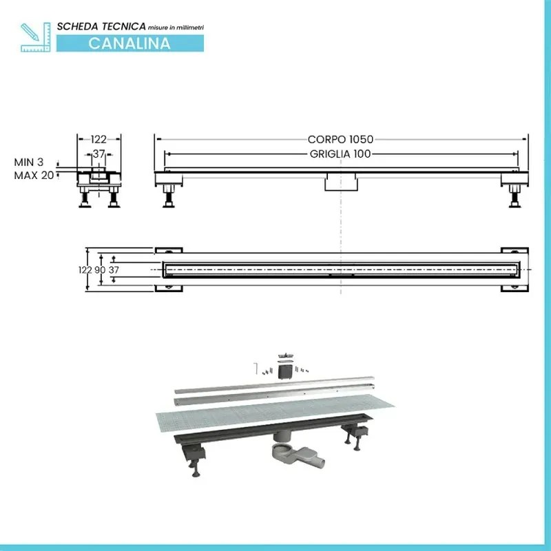Canalina doccia 100 cm in alluminio reversibile scarico centrale, sifone e piletta inclusi